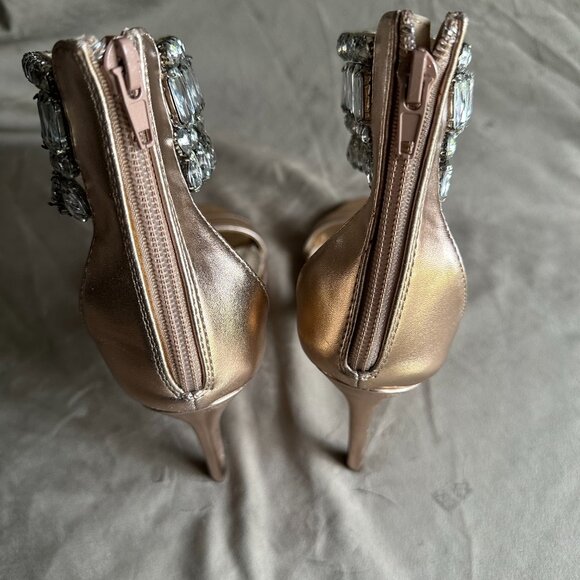 Liliana Rose Gold Open Toe Stiletto Heels with Rhinestone Ankle Strap - Picture 4 of 9